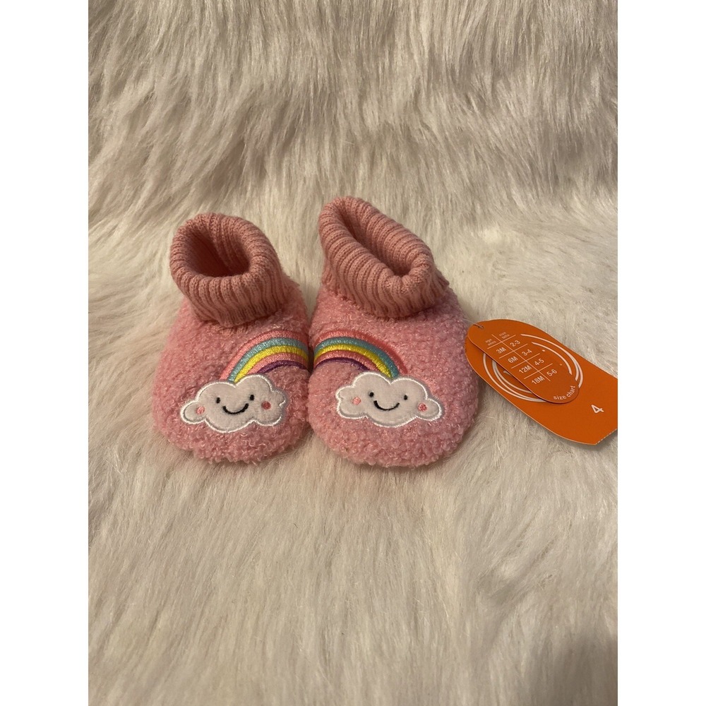 Wonder Nation Slippers Girl's Size 4 Pink Fuzzy Rainbow Bootie Shoes